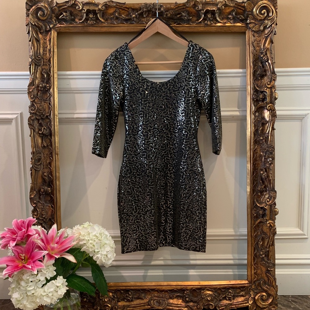 New Black with gold sequin dress. Back draping. S.